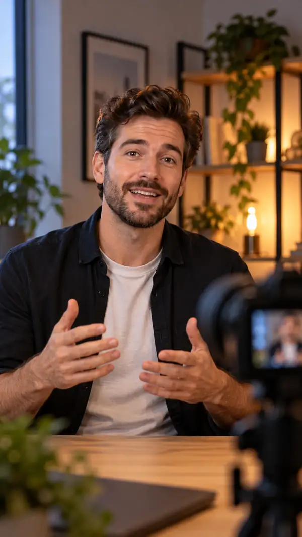 Local SEO consultant recording a testimonial in a home studio, vertical portrait framing