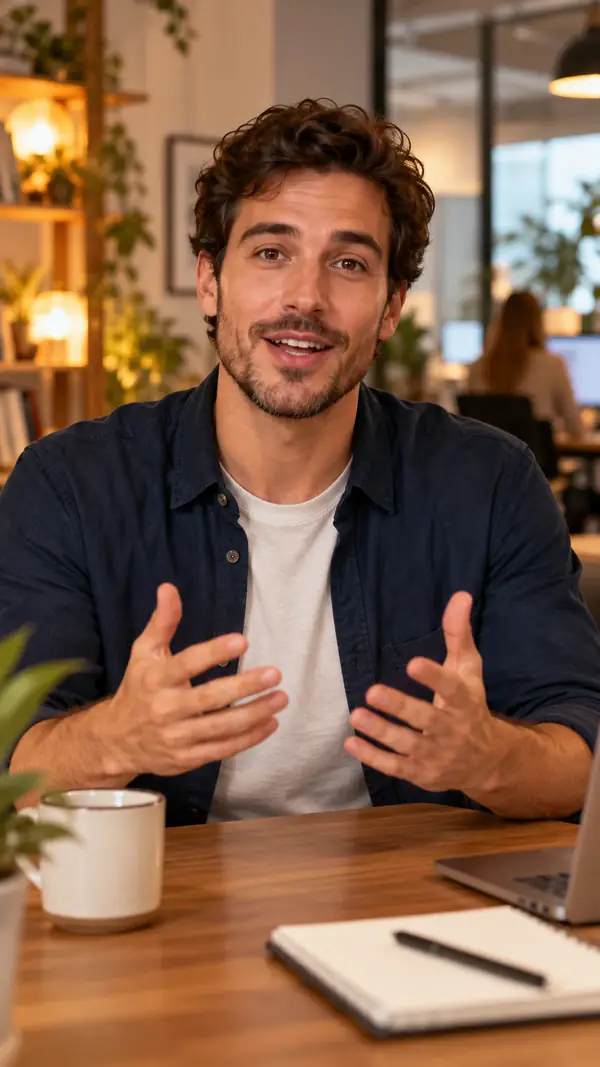 SEO specialist in a warmly lit office speaking to camera, vertical portrait framing